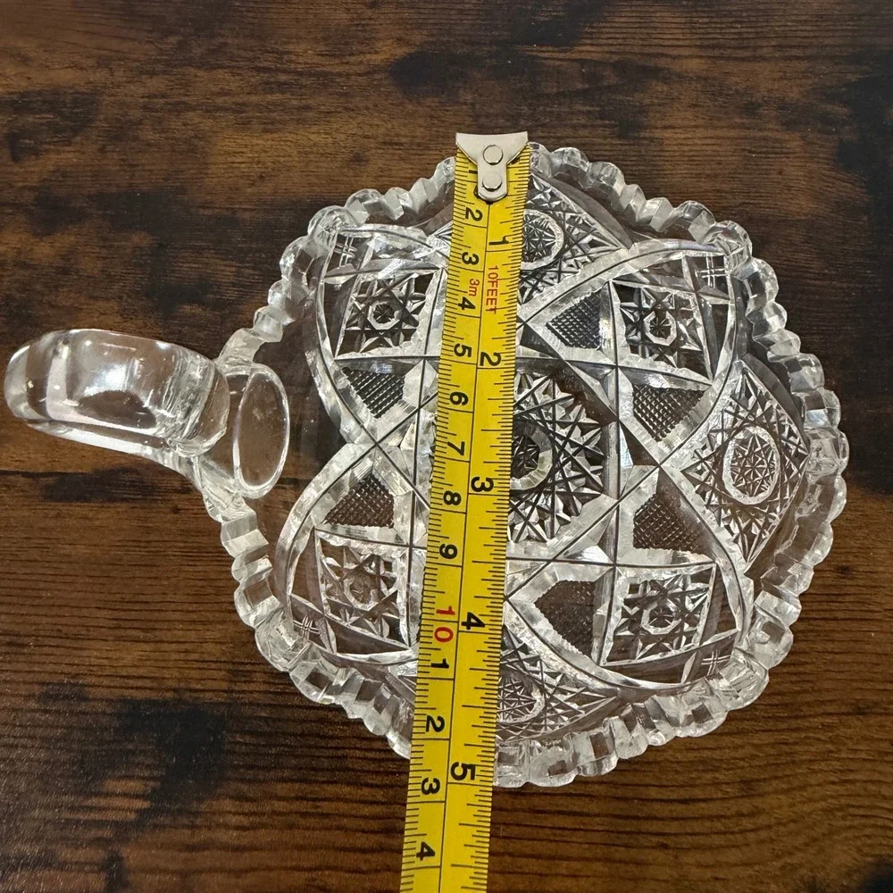 Vintage Cut Glass Nappy Dish Pinwheel Star Pattern Finger Handle Candy Bowl 6in